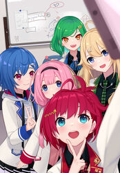  5girls ahoge asahina_akane_(1st_costume)_(nijisanji) asahina_akane_(nijisanji) bad_id bad_pixiv_id billboard blonde_hair blue_hair commentary_request green_hair hair_ornament headband highres jacket kitakoji_hisui kitakoji_hisui_(1st_costume) multiple_girls nijisanji nijyuuhaku nishizono_chigusa nishizono_chigusa_(1st_costume) open_mouth pink_hair red_hair school_uniform selene_girls_school_(nijisanji) selene_girls_school_uniform selfie suo_sango suo_sango_(1st_costume) todo_kohaku todo_kohaku_(1st_costume) v virtual_youtuber 