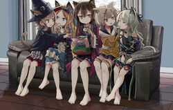  5girls animal_ears arknights barefoot cat_ears cat_girl cat_tail chips_(food) closed_eyes commentary eating english_commentary extra_ears feeding feet food food_in_mouth hair_ribbon hat haze_(arknights) heterochromia iris_(arknights) mint_(arknights) multiple_girls nightmare_(arknights) potato_chips ribbon sixten skyfire_(arknights) tail toes trait_connection witch_hat 