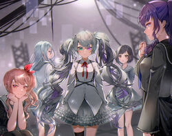  1other 25-ji_miku 25-ji_nightcord_de._(project_sekai) 4girls akiyama_mizuki arm_support arms_at_sides asahina_mafuyu backlighting bare_legs black_hair black_legwear black_sailor_collar black_shirt black_skirt black_thighhighs blouse blue_eyes blue_neckerchief blurry blurry_background bow braid brown_eyes buttons cable chest_harness clenched_hand collarbone collared_dress commentary contrapposto cowboy_shot dot_nose dress elbow_rest eyes_visible_through_hair flat_chest floating_hair frilled_dress frilled_sleeves frills glitch green_eyes grey_background grey_hair grey_hoodie grey_sailor_collar hair_behind_ear hair_between_eyes hair_ribbon hairbow hand_up harness hatsune_miku head_rest heterochromia high-waist_skirt high_ponytail high_side_ponytail hood hood_down hoodie kyashii_(a3yu9mi) lace lace-trimmed_dress lace_trim light_particles long_hair long_skirt long_sleeves looking_afar looking_at_another looking_at_viewer multiple_girls neck_ribbon neckerchief parted_lips pink_eyes pink_hair profile project_sekai puffy_long_sleeves puffy_sleeves purple_eyes purple_hair rafters red_bow red_ribbon ribbon sailor_collar serious shinonome_ena shirt short_dress short_hair side_ponytail sidelocks sideways_glance simple_background single_thighhigh skirt sleeves_rolled_up straight_hair striped_clothes striped_skirt thighhighs truss tsurime twintails vertical-striped_clothes vertical-striped_skirt very_long_hair vocaloid wavy_hair white_ribbon yoisaki_kanade zettai_ryouiki 