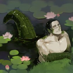  1boy 1natsu_(8_12ym) black_hair commentary_request crocodile_(one_piece) crocodile_boy crocodilian_tail grass hair_slicked_back highres jitome lake large_pectorals lily_pad looking_at_viewer male_focus mature_male monster_boy monsterification muscular muscular_male nude one_piece pectorals reptile_boy scales short_hair sideways_glance smoking solo tail tail_raised yellow_eyes 