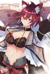  absurdres animal_ear_fluff animal_ears azur_lane black_bra black_choker black_gloves bra breasts choker cleavage coat female fingerless_gloves gloves hair_between_eyes hane_(feathe02) highres ise_(azur_lane) large_breasts long_hair looking_at_viewer midriff navel open_clothes open_coat red_eyes red_hair retrofit_(azur_lane) rigging solo underwear white_coat 