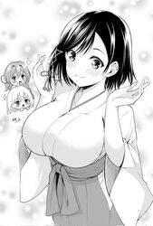  3girls amagami-san_chi_no_enmusubi amagami_asahi amagami_yae amagami_yuna blush blush_stickers breasts clenched_hands collarbone corrupted_twitter_file flower_knot greyscale hakama hakama_skirt highres japanese_clothes large_breasts miko monochrome multiple_girls open_mouth ryopa short_hair siblings sisters skirt sparkle 