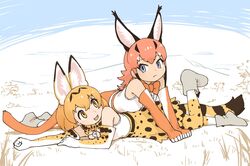  2girls :3 :d animal_ears bare_shoulders black_hair blonde_hair bow bowtie caracal_(kemono_friends) clenched_hands elbow_gloves frilled_skirt frills gloves grass hair_between_eyes hill kemono_friends looking_at_another lying lying_on_person multicolored_hair multiple_girls on_stomach open_mouth orange_bow orange_bowtie orange_hair orange_tail print_bow print_bowtie rumenia_(ao2is) serval_(kemono_friends) serval_print short_hair skirt sleeveless smile tail traditional_bowtie two-tone_bowtie two-tone_hair white_background white_bow white_bowtie 