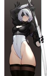  2b_(nier:automata) arm_up black_blindfold black_dress black_hairband blindfold boots breasts brown_background cleavage cleavage_cutout closed_mouth clothing_cutout commentary covered_eyes covered_navel distr dress english_commentary feather-trimmed_sleeves female hairband highres holding holding_sheath holding_sword holding_weapon juliet_sleeves katana leotard long_sleeves medium_breasts mole mole_under_mouth nier:automata nier_(series) puffy_sleeves sheath short_hair signature simple_background skindentation sleeved_leotard solo sword thigh_boots thighhighs thighhighs_under_boots turtleneck turtleneck_leotard unsheathing virtuous_contract weapon white_background white_hair white_leotard 