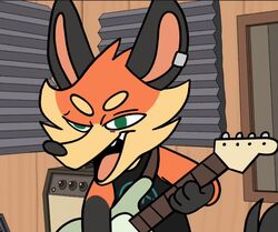  2023 anthro bass_guitar black_body black_clothing black_fur black_shirt black_tank_top black_topwear canid canine cheek_tuft clothing cooper_(scratch21) detailed_background digital_drawing_(artwork) digital_media_(artwork) ear_piercing facial_tuft fox fur green_eyes guitar guitar_strap head_tuft inside male mammal musical_instrument narrowed_eyes orange_body orange_fur piemations piercing plucked_string_instrument red_fox scratch21 shirt smile solo string_instrument tan_body tan_fur tank_top topwear true_fox tuft 