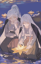  2girls absurdres black_cape cape earrings elder_of_the_forest glint hakama hakama_pants high_ponytail highres japanese_clothes jewelry long_hair lotus_lantern multiple_girls pants season_of_prophecy shisisongdelaogong sitting sky:_children_of_the_light sky_child tassel tassel_earrings wariza water yellow_eyes 