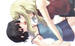  2girls 846-gou arm_support belt black_hair blonde_hair blue_eyes brown_eyes commentary food fruit halterneck long_hair lying mireille_bouquet mouth_hold multiple_girls noir_(anime) on_back open_mouth short_hair simple_background strap_slip strawberry white_background yuri yuumura_kirika 