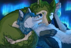  2019 4_toes alternate_version_at_source aurora_(phenomenon) black_nose blue_body blue_fur borophagine canid canine canis countershading detailed_background digital_media_(artwork) duo epicyon feet female feral fur green_body green_eyes green_fur greeny_(odisaodi) jay-kuro lying male mammal milly_(millcore) multicolored_body multicolored_fur night on_back open_mouth outside pawpads pink_pawpads smaller_version_at_source smile teeth toes two_tone_body two_tone_fur white_body white_fur wolf 