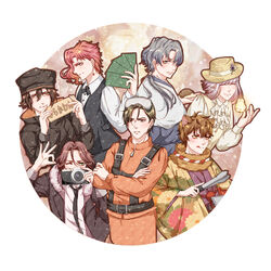  6+boys absurdres ahoge animal_ears ascot bad_id bad_pixiv_id black_coat black_headwear black_neckwear brown_eyes brown_hair camera character_request closed_eyes coat code:realize copyright_request creator_connection criminale!_(rejet) crossed_arms diabolik_lovers earrings formal gloves goggles goggles_on_head green_eyes grey_eyes grey_hair hair_between_eyes hat hedgehog highres hirakawa_daisuke japanese_clothes jewelry jojo_no_kimyou_na_bouken kakyoin_noriaki licking_lips long_hair long_sleeves looking_at_viewer mio_rin multiple_boys necktie nero_(criminale!) photoshop_(medium) pink_hair ponytail saint_germain_(code:realize) sakamaki_laito simple_background smile stardust_crusaders straw_hat tongs tongue tongue_out vest voice_actor_connection white_vest yuugen_romantica 