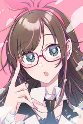  black_necktie brown_hair commentary_request eyes_visible_through_hair female glasses green_eyes hairband head_tilt heart heart_in_eye highres kizuna_ai kizuna_ai_(elegant) kizuna_ai_inc. long_hair looking_at_viewer multicolored_hair necktie open_mouth pink_background pink_hair pink_hairband pink_nails pochi_(pochi-goya) portrait red-framed_eyewear simple_background solo streaked_hair symbol_in_eye two-tone_hair virtual_youtuber 