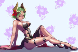  alternate_costume armpits black_footwear black_one-piece_swimsuit breasts cleavage commentary_request female fire_emblem fire_emblem_heroes floral_background flower full_body green_hair hair_flower hair_ornament horn_ornament horns knee_up laegjarn_(fire_emblem) laegjarn_(summer)_(fire_emblem) large_breasts light_brown_hair looking_at_viewer multicolored_hair one-piece_swimsuit open_mouth platform_footwear red_eyes sandals sarong short_hair sitting smile solo sukkirito_(rangusan) sweat swimsuit thigh_strap thighs two-tone_hair 