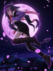  ahoge black_dress black_hair blush castle commentary demon_girl demon_tail dress female floating hair_between_eyes horns light_smile long_hair long_sleeves looking_back moon multicolored_hair night night_sky nijisanji no_shoes outdoors petals pink_hair pinstripe_legwear pinstripe_pattern profile purple_eyes purple_moon purple_shirt shirt sky sleeves_past_wrists solo striped_clothes striped_shirt striped_thighhighs tail thighhighs tori_(torinchi) torn_clothes torn_shirt two-tone_hair very_long_hair village virtual_youtuber yamiyono_moruru 