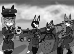  anthro averi_(fiddleafox) canid canine chick-fil-a clothing dipstick_tail female female_anthro fox fur gloves_(marking) gromit_mug group gun hair hi_res leg_markings mammal markings monochrome motorcycle ranged_weapon socks_(marking) standing tagme tail tail_markings truck unknown_artist unknown_character vehicle weapon 