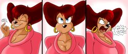  2020 absurd_res anthro big_breasts breasts canid canine clothed clothing digital_media_(artwork) disney female goof_troop hair hi_res krocialblack mammal mature_anthro mature_female peg_pete piercing red_hair simple_background smile solo text topwear 