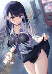  absurdres black_hair black_one-piece_swimsuit black_skirt blue_necktie blunt_bangs breasts cellphone closed_mouth clothes_lift collarbone collared_shirt commentary_request competition_swimsuit earbuds earphones female groin highleg highres holding holding_phone large_breasts lifting_own_clothes looking_at_viewer moe2022 morros necktie one-piece_swimsuit original phone plaid plaid_skirt red_eyes school_uniform see-through see-through_shirt shirt skirt skirt_lift smartphone standing striped_necktie swimsuit swimsuit_under_clothes thighs tongue tongue_out train_station_platform vending_machine wet wet_clothes white_shirt 