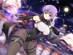  arm_guards armor ayane_(doa) black_pantyhose blush bodysuit breasts city closed_mouth crossover dead_or_alive dead_or_alive_6 elbow_gloves female gloves headband hood hood_down kunai medium_breasts moon night ninja official_art outdoors pantyhose petals pose purple_hair purple_headband red_eyes senran_kagura senran_kagura_estival_versus senran_kagura_new_link short_hair smile solo standing thigh_strap third-party_source tree weapon yaegashi_nan 