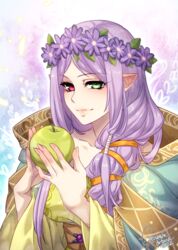  alternate_hairstyle apple breasts crescentia_fortuna english_commentary female fire_emblem fire_emblem:_the_binding_blade fire_emblem_heroes flower food food_focus fruit green_eyes hair_flower hair_ornament hair_over_shoulder head_wreath heterochromia highres holding holding_food holding_fruit idunn_(divine_demon)_(fire_emblem) idunn_(fire_emblem) large_breasts light_persona official_alternate_costume official_alternate_hairstyle pointy_ears purple_hair red_eyes signature upper_body 