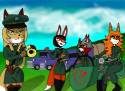  anthro averi_(fiddleafox) brown_body brown_fur canid canine chick-fil-a clothing detailed_background dipstick_tail female female_anthro fox fur gloves_(marking) green_clothing green_eyes gromit_mug group gun hair hat headgear headwear hi_res leg_markings mammal markings motorcycle nazi nazi_uniform ranged_weapon sky socks_(marking) standing tagme tail tail_markings truck unknown_artist unknown_character vehicle weapon white_body white_fur 