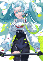  absurdres aqua_eyes aqua_hair asymmetrical_bodysuit black_bodysuit black_gloves bodysuit boots commentary_request covered_navel cowboy_shot cropped_jacket facing_viewer female flame_print floating_hair gloves green_flag green_gloves hatsune_miku highres holding holding_pole jacket long_hair long_sleeves open_mouth pole race_queen racing_miku racing_miku_(2022) sideways_glance single_leg_bodysuit single_thigh_boot single_thighhigh smile smiley_face solo text_print thigh_boots thighhighs twintails two-tone_gloves very_long_hair vocaloid white_jacket wind ya_enami 