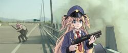  3girls black_ribbon blonde_hair blue_eyes blue_headwear blue_jacket commentary girls&#039;_frontline gun hair_between_eyes hair_ribbon hat highway holding holding_gun holding_weapon jacket long_hair long_sleeves multiple_girls necktie open_clothes open_jacket overpass parody police_hat red_necktie ribbon road scene_reference serbu_super-shorty shield shield_module shotgun smoke star_(symbol) super-shorty_(girls&#039;_frontline) sweater_vest tab_(tabkun) terminator:_dark_fate terminator_(series) traffic_barrier two_side_up weapon 