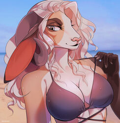  2021 anthro bikini blue_eyes bovid breasts brown_eyeshadow caprine cleavage clothed clothing curled_hair eyelashes female glistening glistening_eyes hair half-length_portrait hi_res mammal orange_body pink_nose portrait sheep solo strap_pull swimwear unknowhiter white_body white_hair 