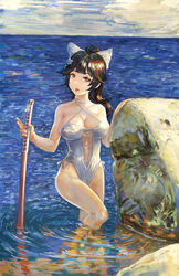  amibazh azur_lane black_hair blue_sky bokken bow breasts brown_eyes casual_one-piece_swimsuit clothing_cutout cloud cowboy_shot criss-cross_halter day faux_traditional_media female hair_flaps hairbow halterneck horizon large_breasts long_hair looking_at_viewer navel_cutout ocean official_alternate_costume one-piece_swimsuit outdoors ponytail ribbon rock sky swimsuit sword takao_(azur_lane) takao_(beach_rhapsody)_(azur_lane) water weapon white_bow white_one-piece_swimsuit white_ribbon wooden_sword 