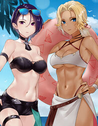  2girls alternate_costume bare_shoulders bikini black_bikini blonde_hair blue_eyes blue_hair breasts catherine_(fire_emblem) choker cleavage collarbone commentary dark-skinned_female dark_skin expressionless eyewear_on_head fire_emblem fire_emblem:_three_houses grey_bikini haru_(nakajou-28) highres innertube looking_at_viewer medium_breasts multiple_girls navel ponytail purple_eyes sarong shamir_nevrand short_hair smile sunglasses swim_ring swimsuit underboob 