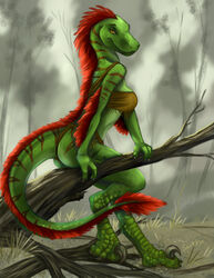  anthro bottomwear breasts caribou_(artist) clothing cloud day detailed_background dinosaur dromaeosaurid extinct feet female fingers forest grass green_body hair loincloth non-mammal_breasts outside plant prehistoric_species red_hair reptile scalie sky solo theropod toes tree tribal tribal_clothing uthalla yellow_eyes 