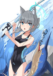  absurdres animal_ear_fluff animal_ears bad_id bad_pixiv_id black_one-piece_swimsuit blue_archive blue_eyes breasts competition_swimsuit covered_navel cowboy_shot cross_hair_ornament extra_ears female fish fishing_rod grey_hair hair_ornament halo highres low_ponytail marlin_(fish) medium_breasts medium_hair mismatched_pupils multicolored_clothes multicolored_swimsuit official_alternate_costume one-piece_swimsuit shiroko_(blue_archive) shiroko_(swimsuit)_(blue_archive) solo swimsuit swordfish water wolf_ears xahyl 