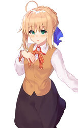  ahoge alternate_costume artoria_pendragon_(fate) bad_id bad_pixiv_id black_skirt blonde_hair blue_ribbon blush braid braided_bun chip_le_cree fate/stay_night fate_(series) female green_eyes hair_bun hand_on_own_chest highres homurahara_academy_school_uniform looking_at_viewer neck_ribbon outstretched_arm ribbon saber_(fate) school_uniform shirt skirt solo torn_vest white_shirt 