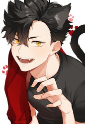  1boy animal_ears bad_id bad_twitter_id bari_dal black_hair black_shirt cat_boy cat_ears cat_tail claw_pose eyebrows fangs fingernails haikyuu!! highres jacket korean_commentary kuroo_tetsurou looking_at_viewer male_focus paw_print paw_print_background shirt short_hair solo tail track_jacket unworn_jacket yellow_eyes 