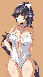  absurdres azur_lane black_hair bow breasts casual_one-piece_swimsuit cleavage clothing_cutout cowboy_shot criss-cross_halter female hair_flaps hairbow halterneck hand_on_own_hip highres large_breasts long_hair looking_at_viewer navel_cutout official_alternate_costume olly_(ollycrescent) one-piece_swimsuit ponytail ribbon solo swimsuit takao_(azur_lane) takao_(beach_rhapsody)_(azur_lane) thigh_gap white_bow white_one-piece_swimsuit white_ribbon 