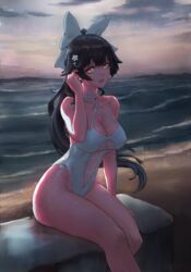  absurdres azur_lane black_hair blue_sky bow breasts brown_eyes casual_one-piece_swimsuit clothing_cutout cloud criss-cross_halter dawn day female hair_flaps hairbow halterneck highres large_breasts long_hair looking_at_viewer navel_cutout ocean official_alternate_costume one-piece_swimsuit outdoors ponytail sitting sky solo swimsuit takao_(azur_lane) takao_(beach_rhapsody)_(azur_lane) waves white_one-piece_swimsuit wiidstep 