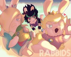  absurd_res ambiguous_gender blonde_hair clothed clothing crossover crown digital_media_(artwork) edge_(mario_plus_rabbids) female fur gloves green_hair group hair hair_over_eye handwear headgear hi_res kubasama_(artist) lagomorph luma makeup mammal mario_bros mario_plus_rabbids_kingdom_battle mario_plus_rabbids_sparks_of_hope nintendo one_eye_obstructed rabbid rabbid_peach rabbid_rosalina raving_rabbids rayman_(series) simple_background trio ubisoft white_body 