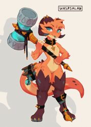  2022 absurd_res accessory anklet anthro blue_eyes blue_tongue breasts clothing collar digital_media_(artwork) featureless_breasts featureless_crotch female footwear furgonomics hammer hi_res holding_object holding_weapon horn jewelry knife kobold looking_at_viewer markings maul navel orange_body scalie shaded simple_background small_breasts solo tail tail_accessory tongue tongue_out tools waspsalad weapon wide_hips 