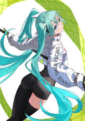  aqua_eyes aqua_hair ass asymmetrical_legwear black_gloves black_legwear black_pants closed_mouth commentary cropped_jacket dutch_angle english_text feet_out_of_frame female flag gloves goodsmile_racing green_flag grey_background hatsune_miku head_tilt headset highres holding holding_flag jacket long_hair looking_at_viewer looking_back making-of_available nima_(niru54) pants race_queen racing_miku racing_miku_(2022) simple_background solo tight_clothes tight_pants twintails very_long_hair vocaloid white_jacket 