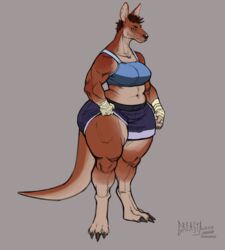  2020 absurd_res anthro breasts clothed clothing female greasymojo hi_res huge_thighs kangaroo long_neck looking_at_viewer macropod mammal marsupial midriff muscular muscular_anthro muscular_female muscular_thighs navel simple_background slightly_chubby solo standing stocky thick_thighs wide_hips 