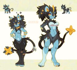  2023 3_toes angry anthro anthrofied bandage big_breasts breasts chest_tuft claws collar duo featureless_breasts featureless_crotch feet female finger_claws generation_4_pokemon hands_on_hips hi_res inner_ear_fluff looking_at_viewer luxio luxray markings medium_breasts navel nintendo paws pokemon pokemon_(species) scar simple_background size_difference thick_thighs toe_claws toes tuft waspsalad 