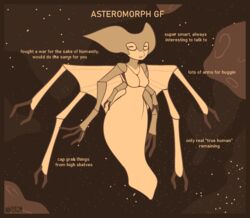  alien all_tomorrows anthro asteromorph breasts clothing conditional_dnp english_text female fused_legs hi_res horizontal_pupils legwear mammal multi_limb posthuman pupils solo text thigh_highs welwraith wings 