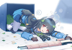  2r-_(pixiv8168114) @_@ absurdres all_fours bag binoculars black_hair blue_archive blue_serafuku blue_skirt bolt_action brown_gloves commentary_request day dirty female floor full_body gloves green_neckerchief gun hairband highres in_container leaf leaf_on_head long_hair long_sleeves looking_at_viewer miyu_(blue_archive) mosin-nagant neckerchief open_mouth outdoors pantyhose pouch rifle school_uniform serafuku sidelocks skirt solo tearing_up teeth thighs tongue top-down_bottom-up trash_can weapon white_pantyhose 