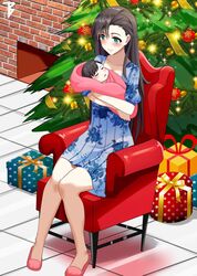  1boy arizona_(azur_lane) armchair azur_lane baby blue_dress blush brown_hair chair christmas christmas_ornaments christmas_tree closed_mouth commission crossed_arms dress english_commentary female fireplace full_body gift green_eyes highres knees_together_feet_apart legs lolicon looking_at_another mother_and_son pink_footwear second-party_source sitting sleeping slippers smile swaddled toy_bits 