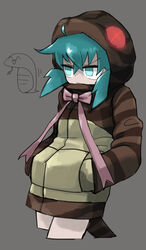  aqua_eyes aqua_hair closed_mouth commentary_request creature_and_personification cropped_legs female forked_tongue grey_background hair_between_eyes hands_in_pockets highres hood hood_up hoodie kemono_friends neck_ribbon partial_commentary pink_ribbon ribbon short_hair simple_background snake snake_tail striped_clothes striped_hoodie tail tirarizun tongue tsuchinoko tsuchinoko_(kemono_friends) 