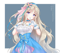  border breasts brown_hair civia collarbone commentary_request dress female finger_to_mouth gloves headband highres hololive hololive_china horns kebin_no_shio_amaou long_hair looking_at_viewer purple_eyes ribbon simple_background single_horn solo virtual_youtuber white_border 