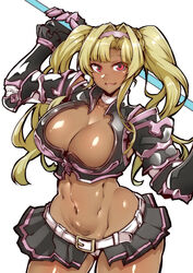  absurdres bad_id bad_pixiv_id belt blonde_hair blush breasts cleavage crop_top dark-skinned_female dark_skin female gauntlets gggg granblue_fantasy granblue_fantasy_versus hair_intakes hairband highres large_breasts long_hair looking_at_viewer midriff miniskirt navel open_mouth polearm red_eyes simple_background skirt smile solo spear twintails weapon white_background zeta_(granblue_fantasy) 