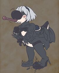  4:5 absurd_res blush boots broken_heel clothing digital_media_(artwork) female footwear grey_hair hair hi_res high_heeled_boots high_heels legwear mario_bros mario_series nier_automata nintendo platinumgames simple_background solo species_transformation standing superboo thigh_boots thigh_highs tongue tongue_out transformation yorha_2b yoshi 