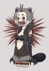  american_beaver_(kemono_friends) animal_ears antenna_hair beaver_ears beaver_tail bikini bikini_top_only black_bikini black_gloves breasts brown_eyes choker claws cleavage commentary_request cropped_legs elbow_gloves female gloves grey_hair hair_ornament hairclip highres kemono_friends medium_breasts navel open_mouth partial_commentary short_hair short_shorts shorts simple_background solo striped_clothes striped_shorts swimsuit tail tirarizun two-tone_background 