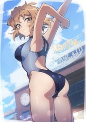  arms_up ass blue_one-piece_swimsuit breasts brown_hair competition_swimsuit female from_behind highleg highleg_swimsuit highres looking_at_viewer looking_back lydian_academy_swimsuit medium_breasts one-piece_swimsuit orange_eyes outdoors racerback senki_zesshou_symphogear senki_zesshou_symphogear_xd_unlimited shiny_clothes shiny_skin short_hair solo standing swimsuit tachibana_hibiki_(symphogear) tachibana_hibiki_(symphogear)_(another) yukitsuba_hina 