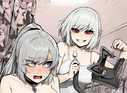  2girls @_@ anal_tail animal_ears bare_shoulders blue_eyes blush breasts ceiling_light choker clothes_hanger collarbone commentary english_commentary eyes_visible_through_hair fake_animal_ears fake_tail glint gogalking grin high_ponytail highres holding holding_clothes holding_clothes_hanger holding_sex_toy indoors jaggy_lines large_breasts looking_at_another looking_back maid_(gogalking) multiple_girls open_mouth original paid_reward_available pointy_ears red_eyes sex_toy slit_pupils smile spaghetti_strap swimsuit_hanger tail tank_top upper_body vampire&#039;s_sister_(gogalking) white_tank_top 