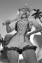  2:3 anthro baseball_bat bat_(object) bell blowing_bubble_gum bottomwear breasts bubble bubble_gum candy choker clothed clothing deer dessert digital_media_(artwork) eyewear female food freckles fully_clothed glasses greyscale gum hand_on_hip hi_res inflating jewelry jingle_bell looking_at_viewer mammal monochrome necklace shaded skirt small_breasts solo wildering 