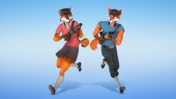  16:9 2021 3d_(artwork) absurd_res anthro belt black_nose blue_clothing blue_eyes bottomwear canid canine cheek_tuft clothed clothing digital_media_(artwork) duo electronics facial_tuft female fox fur furgonomics gold97fox gun hat headgear headphones headset headwear hi_res holding_object holding_weapon looking_at_another male mammal orange_body orange_fur pants ranged_weapon red_clothing red_fox running scout_(team_fortress_2) skirt source_filmmaker_(artwork) tail tail_through_skirt team_fortress_2 topwear true_fox tuft valve warfare_machine weapon white_body white_fur widescreen 